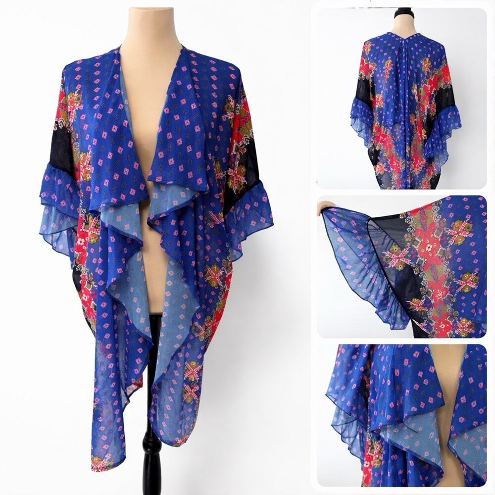 Kimono Duster Hippie Boho Western Large Sheer Festival‎ Resort Ruffles Colorful